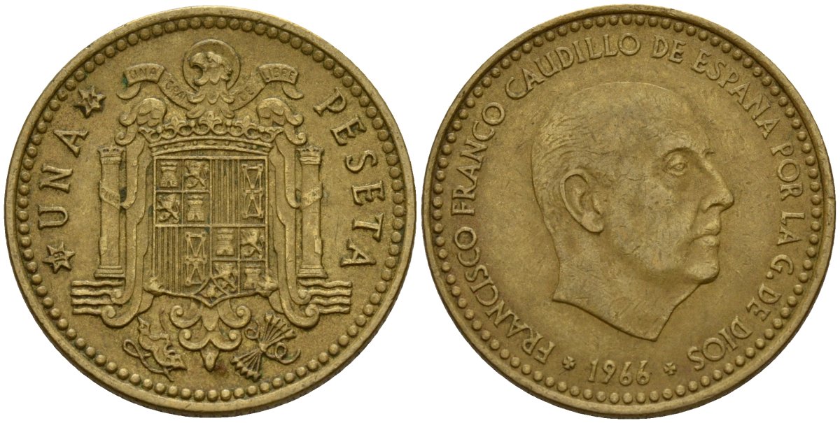 Испания 5 песет 1966 (74) Франсиско Франко (1939 - 1975) KM 796 алюминиевая бронза 4154-956