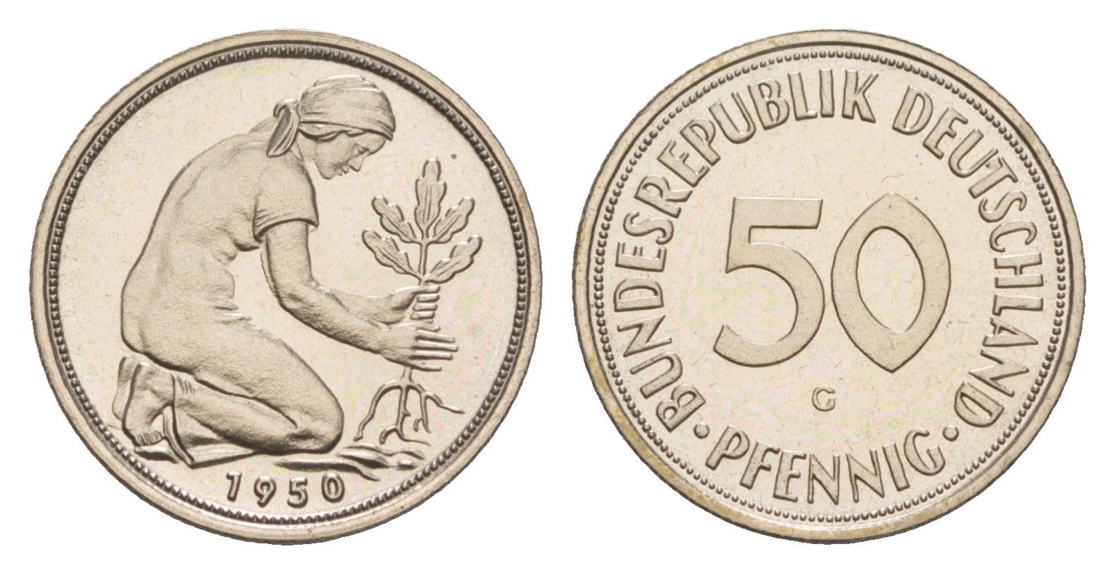 ФРГ 50 пфеннигов 1950 G, тираж 1.800 экземпляров KM 109, J. 384 медно-никель PROOF 11-131-12