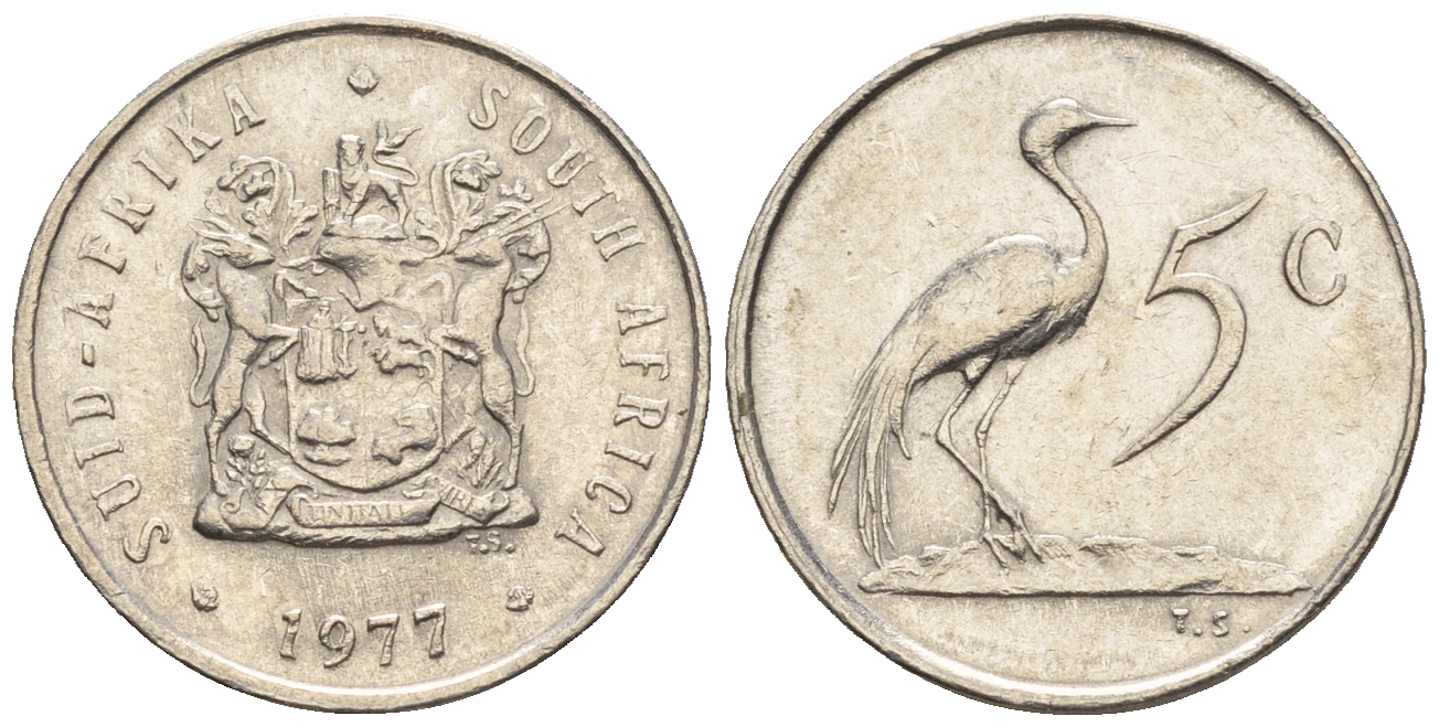ЮАР 5 центов 1977 герб, райский журавль KM 84 никель 4609-344