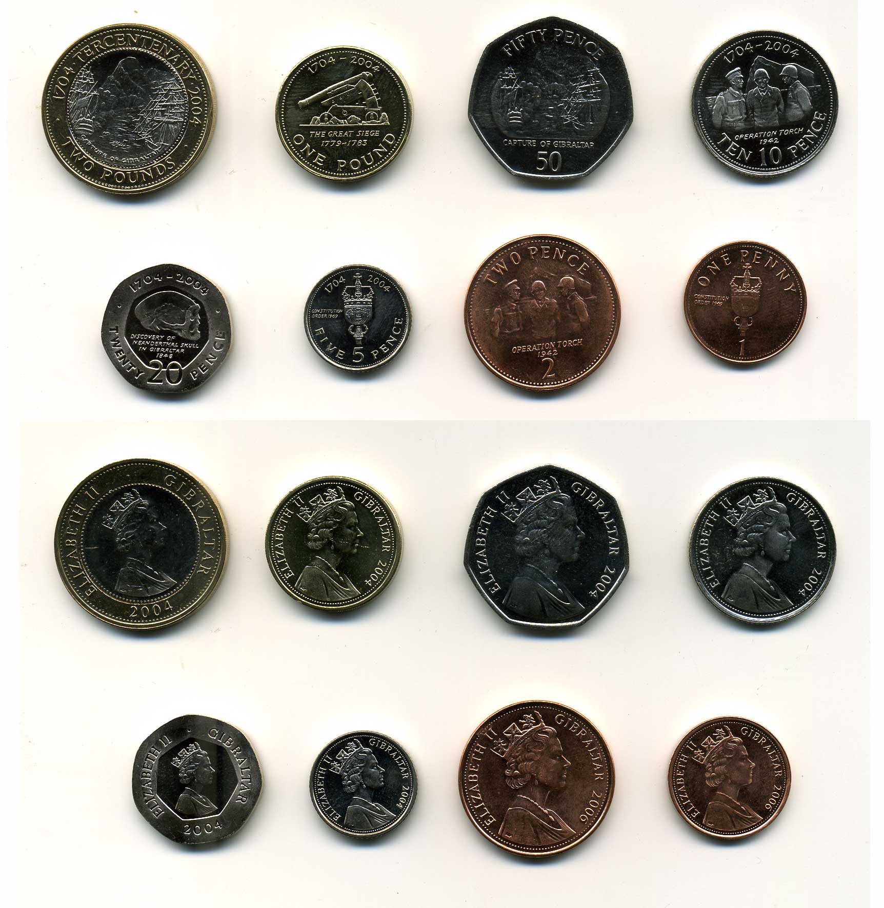 Гибралтар ЛОТ ИЗ 8 МОНЕТ 2004-2006 (1, 2, 5, 10, 20, 50 ПЕНСОВ, 1, 2 ФУНТА) UNC 00-00