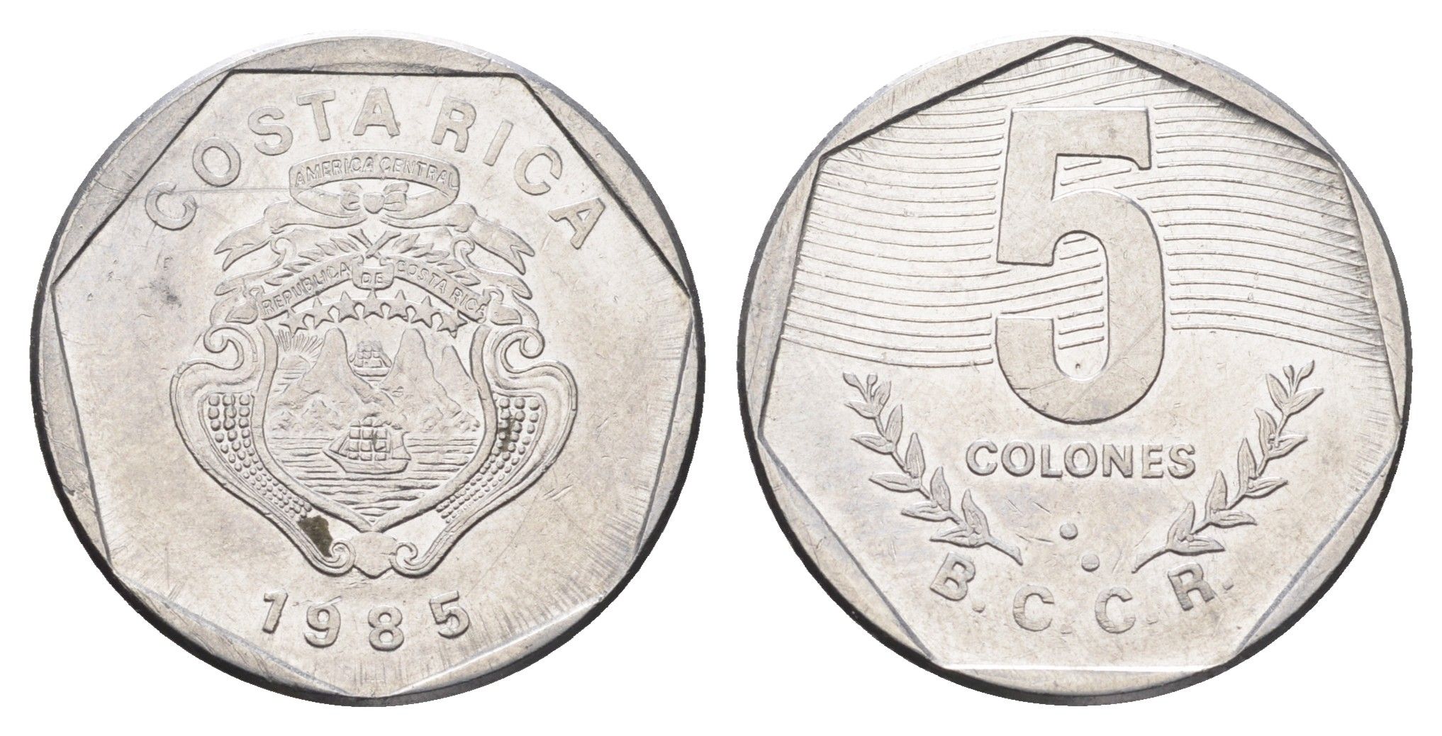 Коста-Рика 5 колонов 1985 год-тип KM 214.2 нержавеющая сталь 4663-946
