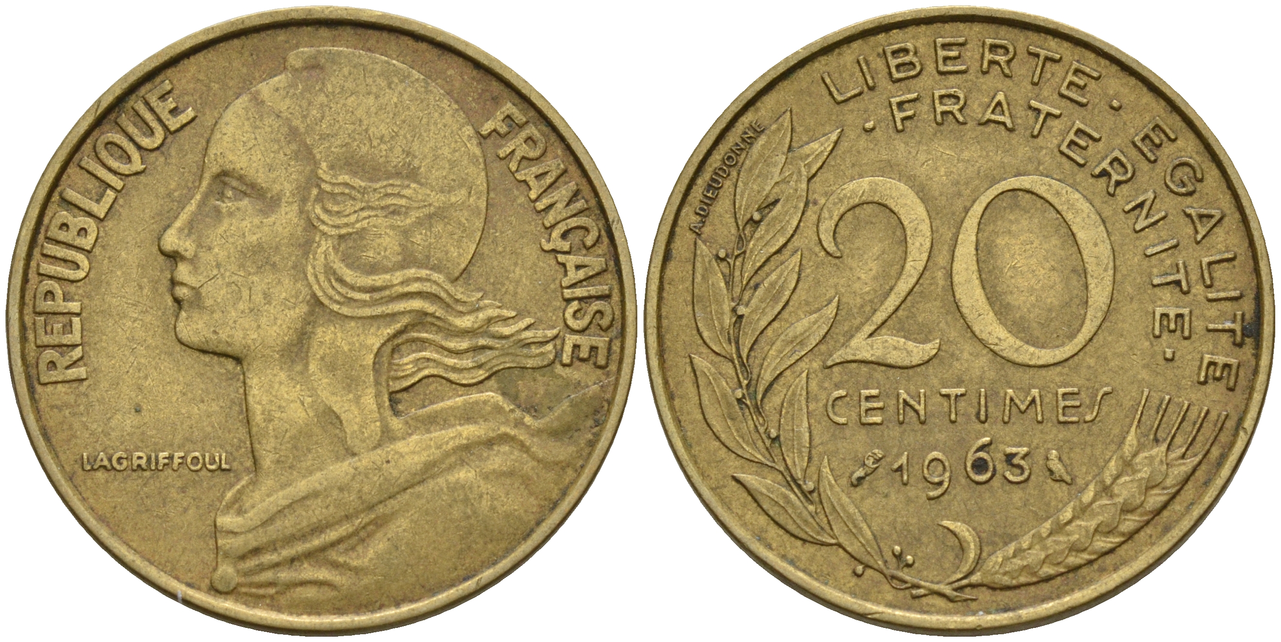 Франция 20 сантимов 1963 тип Marianne KM 930 алюминиевая бронза    4603-111