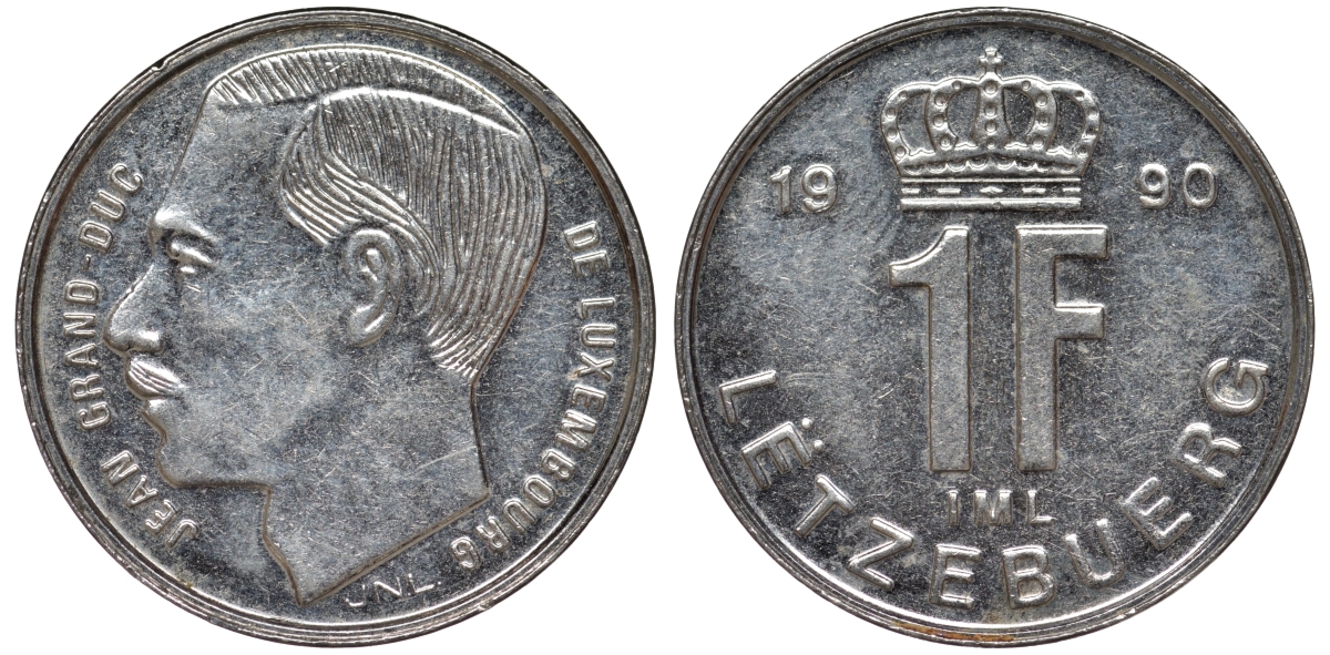 Люксембург 1 франк 1990 Герцог Жан (1964-1999) KM 63 сталь плакированная никелем 4532-725