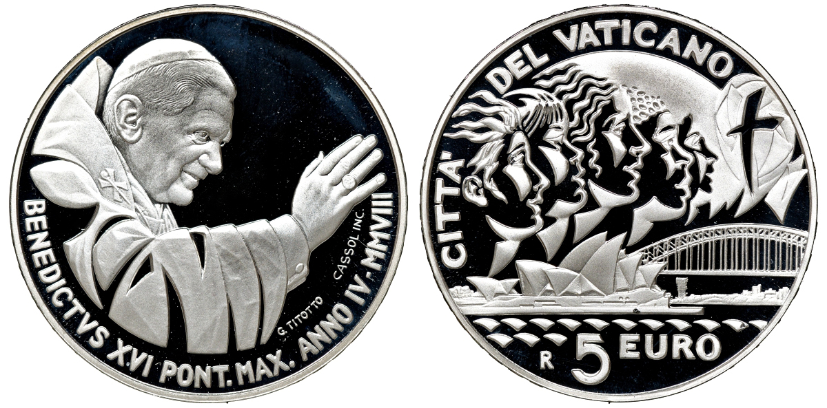Ватикан 5 евро 2008 Всемирный день молодежи и 10 евро 2008 Всемирный день мира, Бенедикт XVI, в оригинальных коробках с сертификатами KM 406, 407 серебро PROOF 4-3-3-04