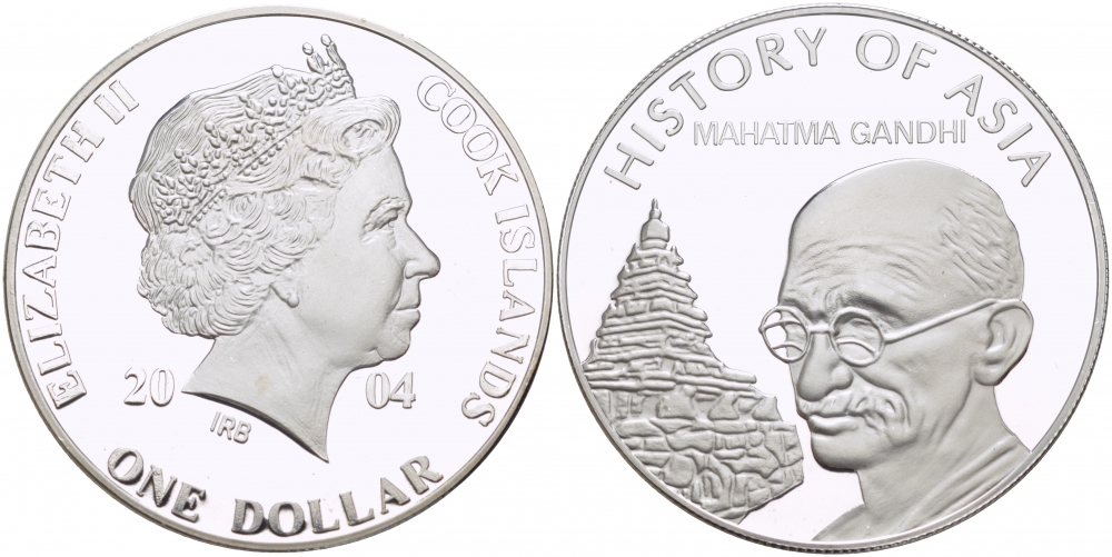 Острова Кука 1 доллар 2004 история Азии, Махатма Ганди KM 1156 медно-никель PROOF 01-233-54