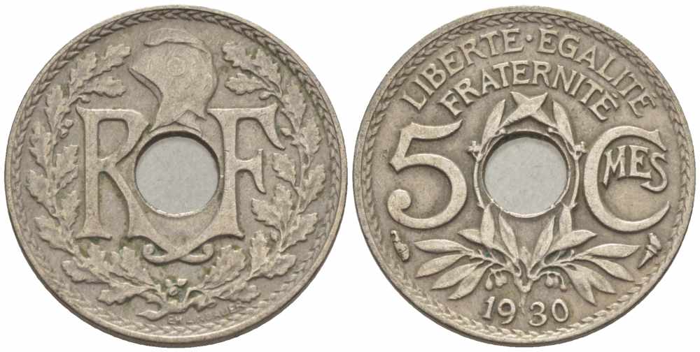 ФРАНЦИЯ 5 САНТИМОВ 1930 ТИП ЛИНДАЙЁ KM 875, LE FRANC 122.13 медно-никель 105-356