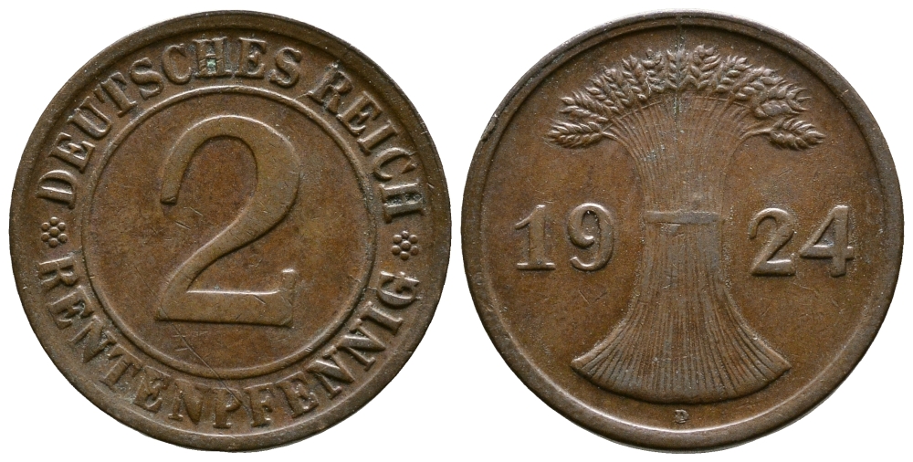 ГЕРМАНИЯ 2 РЕНТЕНПФЕННИГА 1924 D KM 31, J.307 бронза 86-1453