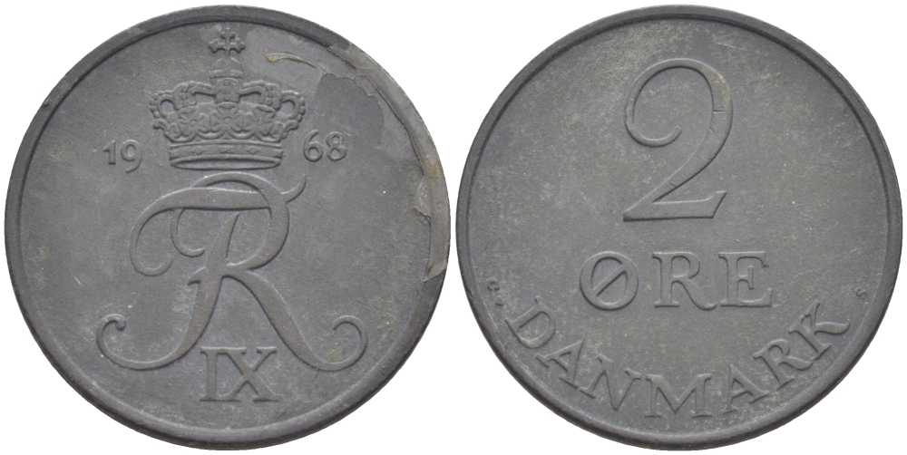 ДАНИЯ 2 ЭРЕ 1968 C; S, ФРЕДЕРИК IX (1947-1972) KM 840.2 цинк 67-441
