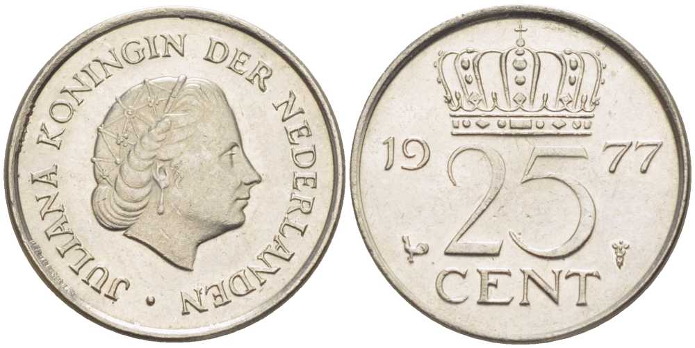 Нидерланды 25 центов 1977 Юлиана (1948-1980) KM 183 никель 214-1114