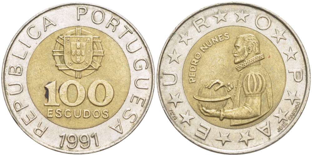 Португалия 100 эскудо 1991 Педру Нуниш (1502-1578), математик KM 645.1 биметалл 4521-316