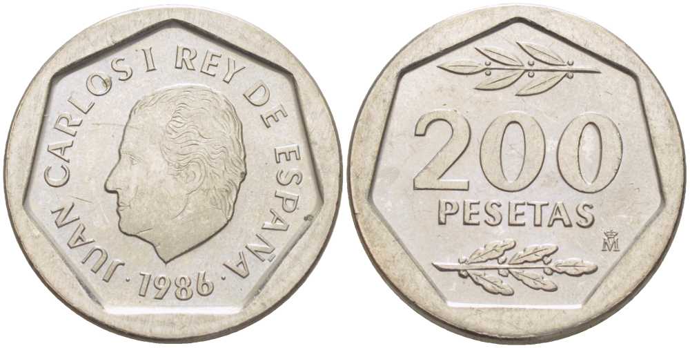 ИСПАНИЯ 200 ПЕСЕТ 1986 ХУАН КАРЛОС I (1975-) KM 829 медно-никель 210-912