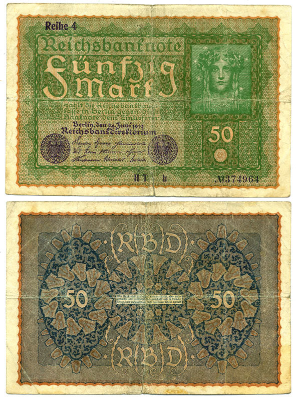 ГЕРМАНИЯ 50 МАРОК 1919 24 ИЮНЯ 1919, REIHE 4, СЕРИЯ HT, ВЫПУСК С ФЕВРАЛЯ 1920 ГОДА Pick 66, Rosenberg 62d бумага 3295-113-1