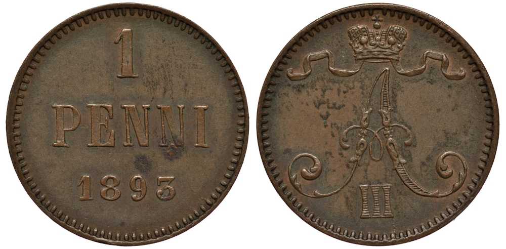 РОССИЯ ДЛЯ ФИНЛЯНДИИ 1 ПЕННИ 1893 АЛЕКСАНДР III Биткин 256 медь 3309-819