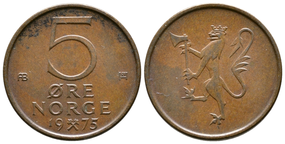 Норвегия 5 эре 1975 Улаф V (1958-1991) KM 415 бронза 3458-262