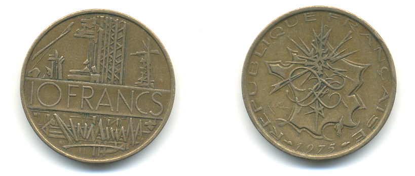 Франция 10 франков 1975 тип Матье KM 940, Le Franc 365.5-6 никель латунь 89-1413