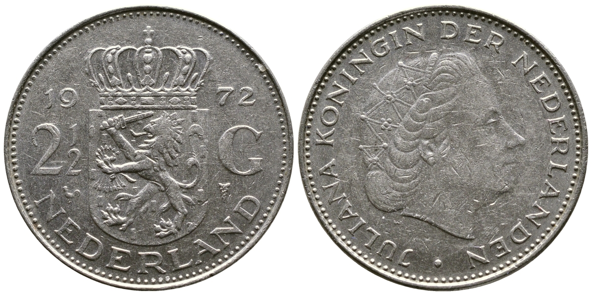 Нидерланды 2 1/2 гульдена 1972 Юлиана (1948-1980) KM 191 никель 221-113