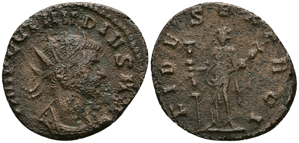 Римская Империя антониниан 268 - 270 Клавдий Готский FIDES EXERCI Рим Very fine RIC 36 бронза 1073-6-105