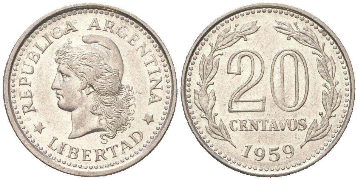 Аргентина 20 сентаво 1959 голова свободы влево KM?55, Schon?55, CJ?265 сталь плакированная никелем aUNC 4611-453
