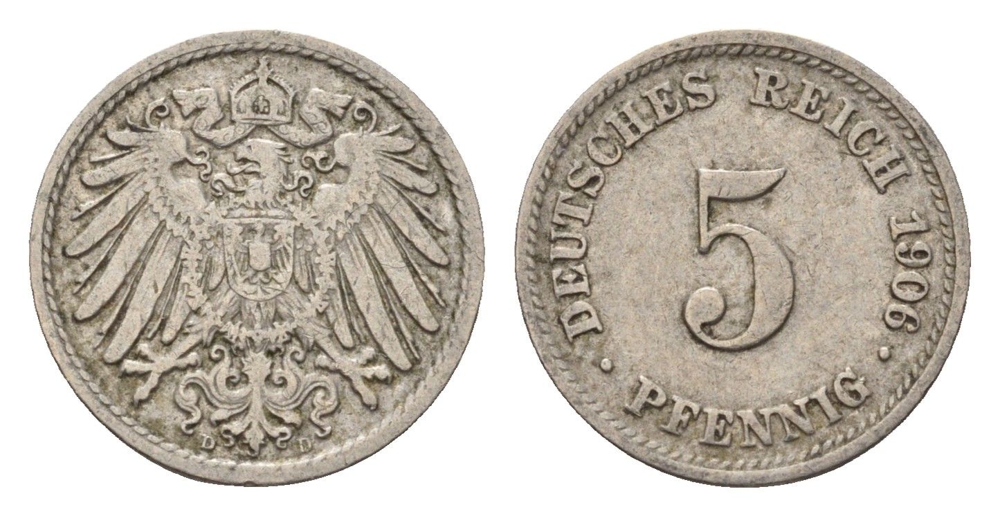 Германия 5 пфеннигов 1906 D, Вильгельм II (1888-1918) KM 11, J. 12 медно-никель 4636-118