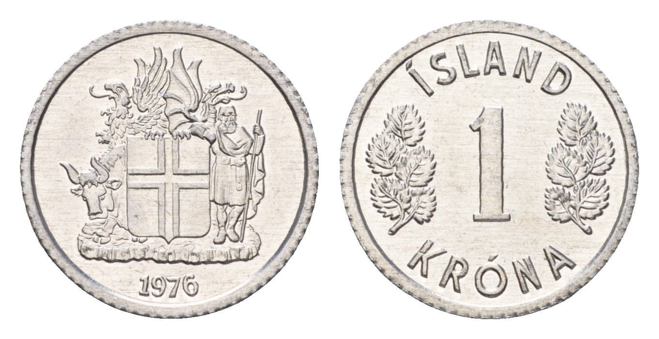 Исландия 1 крона 1976 KM 23 алюминий UNC 4687-764