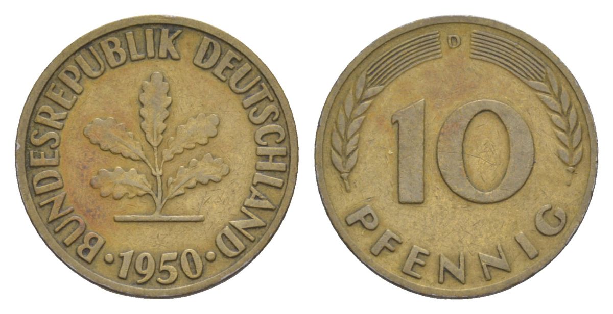 ФРГ 10 пфеннигов 1950 D KM 108, J. 383 сталь плакированная латунью 4630-1258