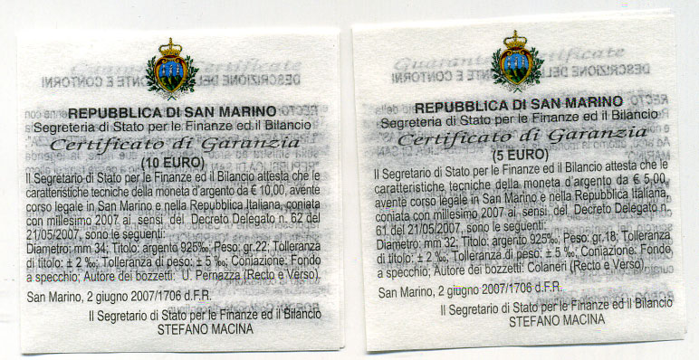 Сан-Марино набор 5 евро + 10 евро 2007 поэт Джозуэ Кардуччи и дирижер Артуро Тосканини, в оригинальной коробке, с сертификатом KM 474, 475 серебро PROOF 1-4-4-01