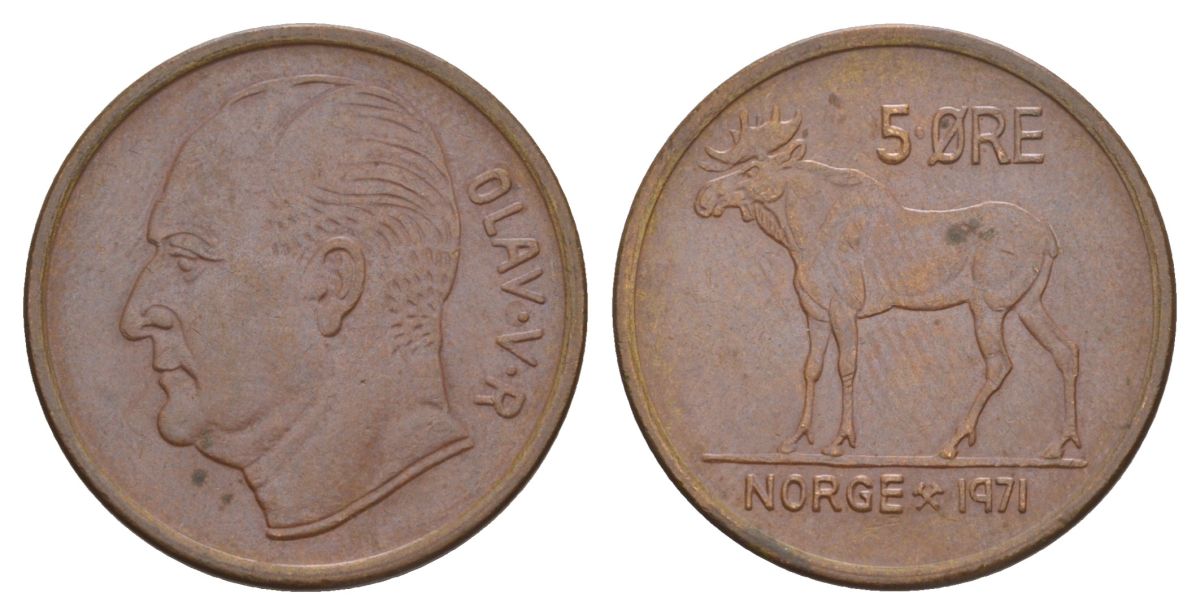 Норвегия 5 эре 1971 Улаф V (1957-1991) KM 405 бронза UNC 4635-621