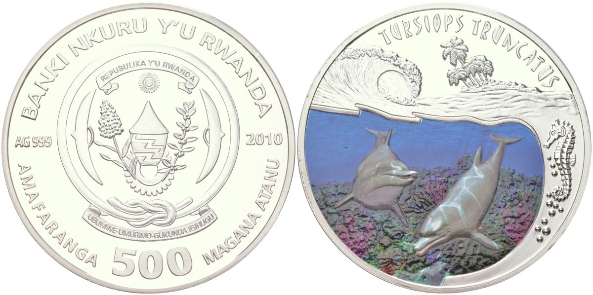 Руанда 500 франков 2010 Афалина (Tursiops truncatus), тираж 5.000 экземпляров KM 72 серебро PROOF 11-040-11