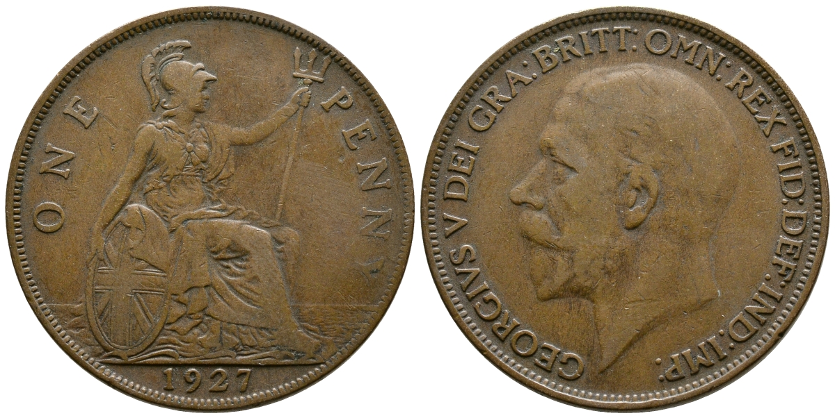 Великобритания 1 пенни 1927 Георг V (1910-1936) КМ 826, Spink 4054 бронза 37-525