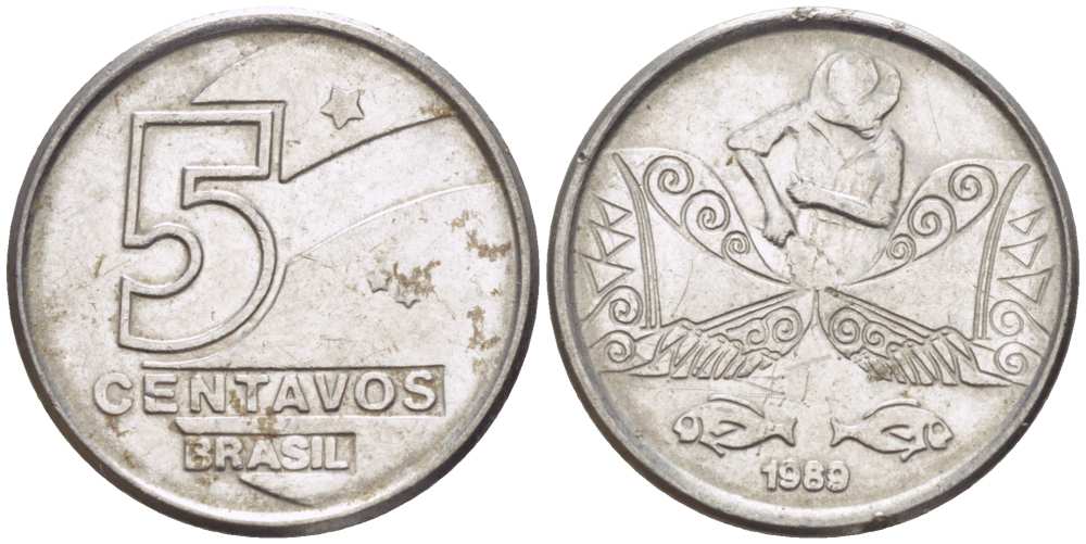 БРАЗИЛИЯ 5 СЕНТАВО 1989 РЕФОРМА 1989-1990 KM 612 нержавеющая сталь 105-863