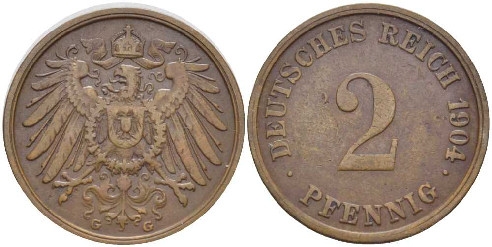 ГЕРМАНИЯ 2 ПФЕННИГА 1904 E KM 16, J. 11, Weege 4 медь 206-463
