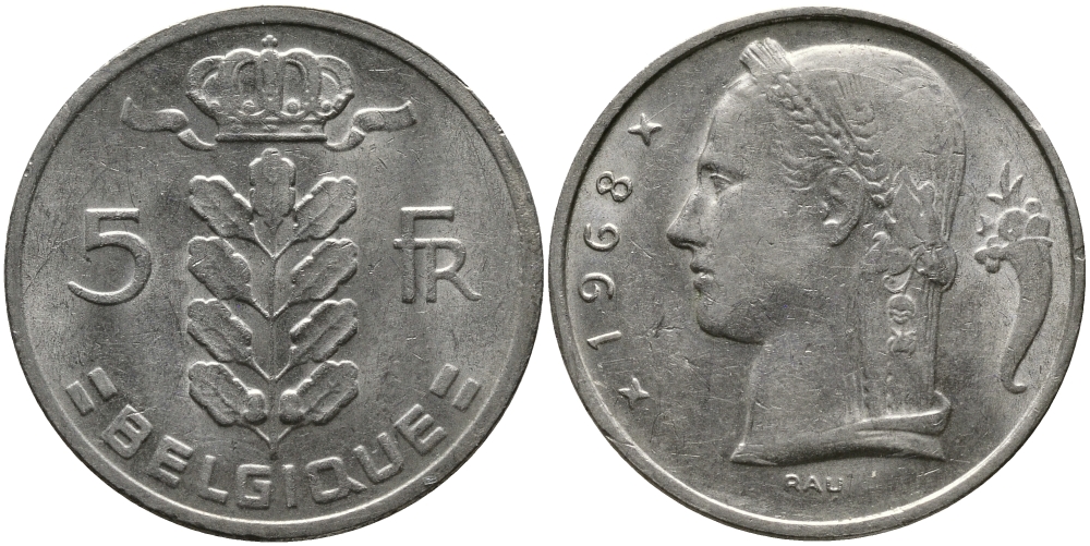 БЕЛЬГИЯ 5 ФРАНКОВ 1968 BELGIQUE KM 134.1 медно-никель 98-637