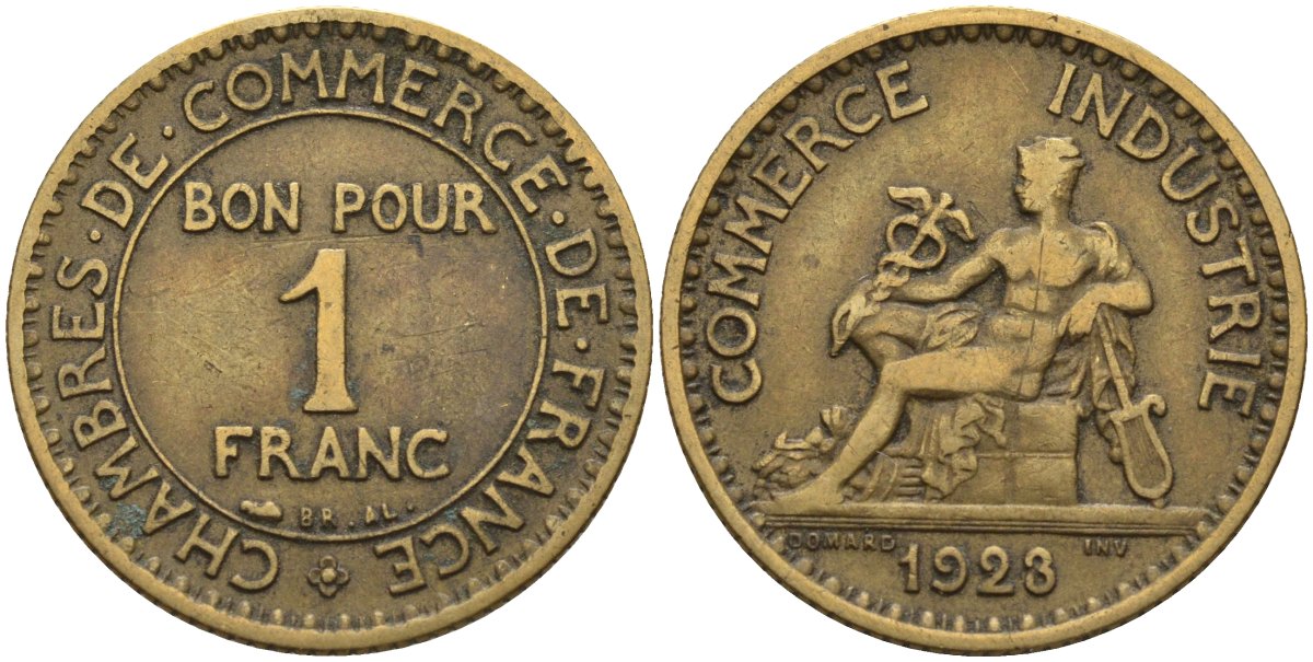 Франция 1 франк 1923 KM 876, Le Franc 218.5 алюминиевая бронза 4142-744