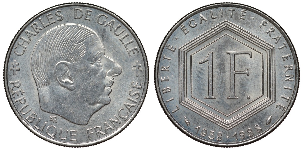 Франция 1 франк 1988 Шарль де Голль KM 963, Le Franc 227.2 никель 4128-413