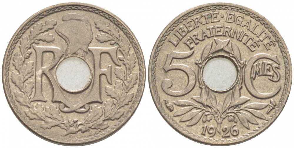 ФРАНЦИЯ 5 САНТИМОВ 1926 ТИП ЛИНДАЙЁ KM 875 медно-никель UNC 3309-1017