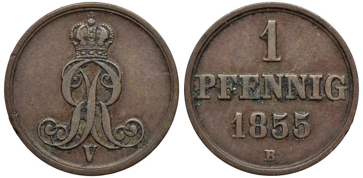 Ганновер 1 пфенниг 1855 B, Георг V KM 221, AKS 155, J. 83 медь 4594-165