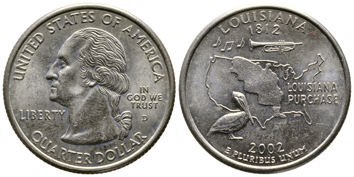 США 25 центов = квотер 2002 D, серия штаты США, Луизиана KM 333 медь плакированная медно-никелем UNC 80-253
