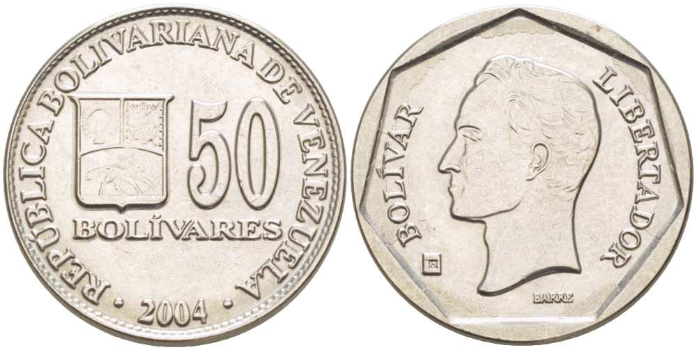 ВЕНЕСУЭЛА 50 БОЛИВАРОВ 2004 KM 82 сталь плакированная никелем 217-754