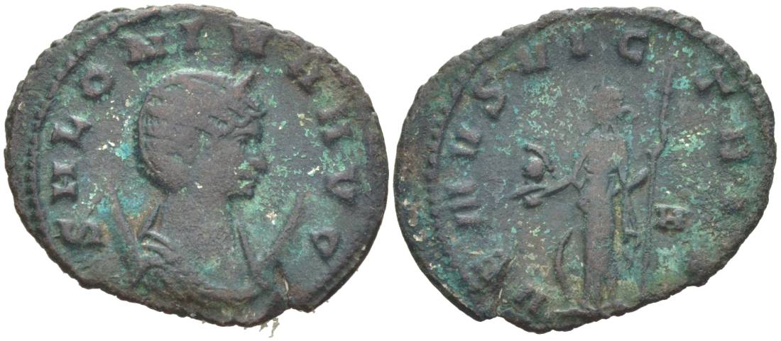 Римская Империя антониниан 260 - 262 Салонина, жена Галлиена, SALONINA AVG, бюст императрицы / VENVS VICTRIX, Венера, держащая скипетр и шлем, Рим RIC 37 биллон 1073-20-16