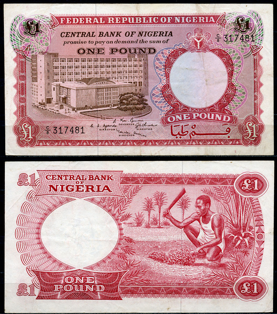 Нигерия 1 фунт 1967 Центральный банк в Лагосе Pick 8 бумага 8619-14-1-1