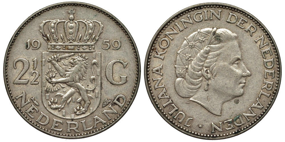 Нидерланды 2 1/2 гульдена 1959 Юлиана (1948-1980) KM 185 серебро 443-1131