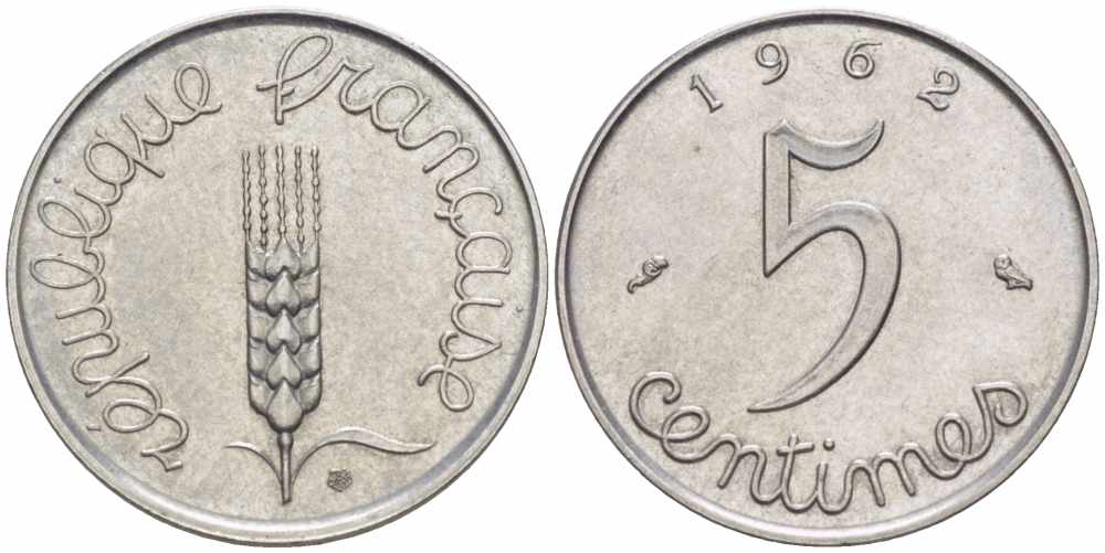 ФРАНЦИЯ 5 САНТИМОВ 1962 ПЯТАЯ РЕСПУБЛИКА KM 927, LE FRANC 124.4 хромированная сталь 105-425