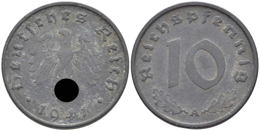ГЕРМАНИЯ 10 РЕЙХСПФЕННИГОВ 1941 А KM 101, J. 371 цинк 4401-716