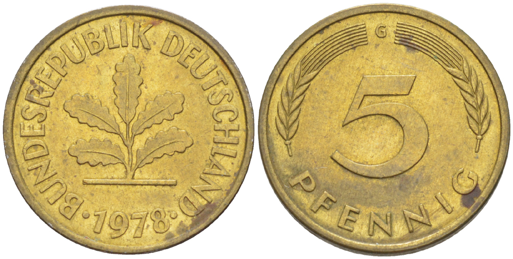 ФРГ 5 ПФЕННИГОВ 1978 G KM 107, J. 382 сталь плакированная латунью 4181-957