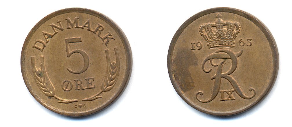 ДАНИЯ 5 ЭРЕ 1963 C; S, ФРЕДЕРИК IX (1947-1972) KM 848.1 бронза 51-4334