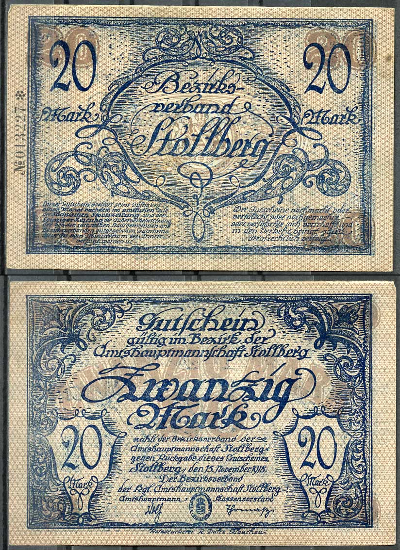 Германия, Штольберг 20 марок 1918 нотгельд, 15.11.1918, цифры черные, малые Geiger 511.02  бумага   444-120-2-2