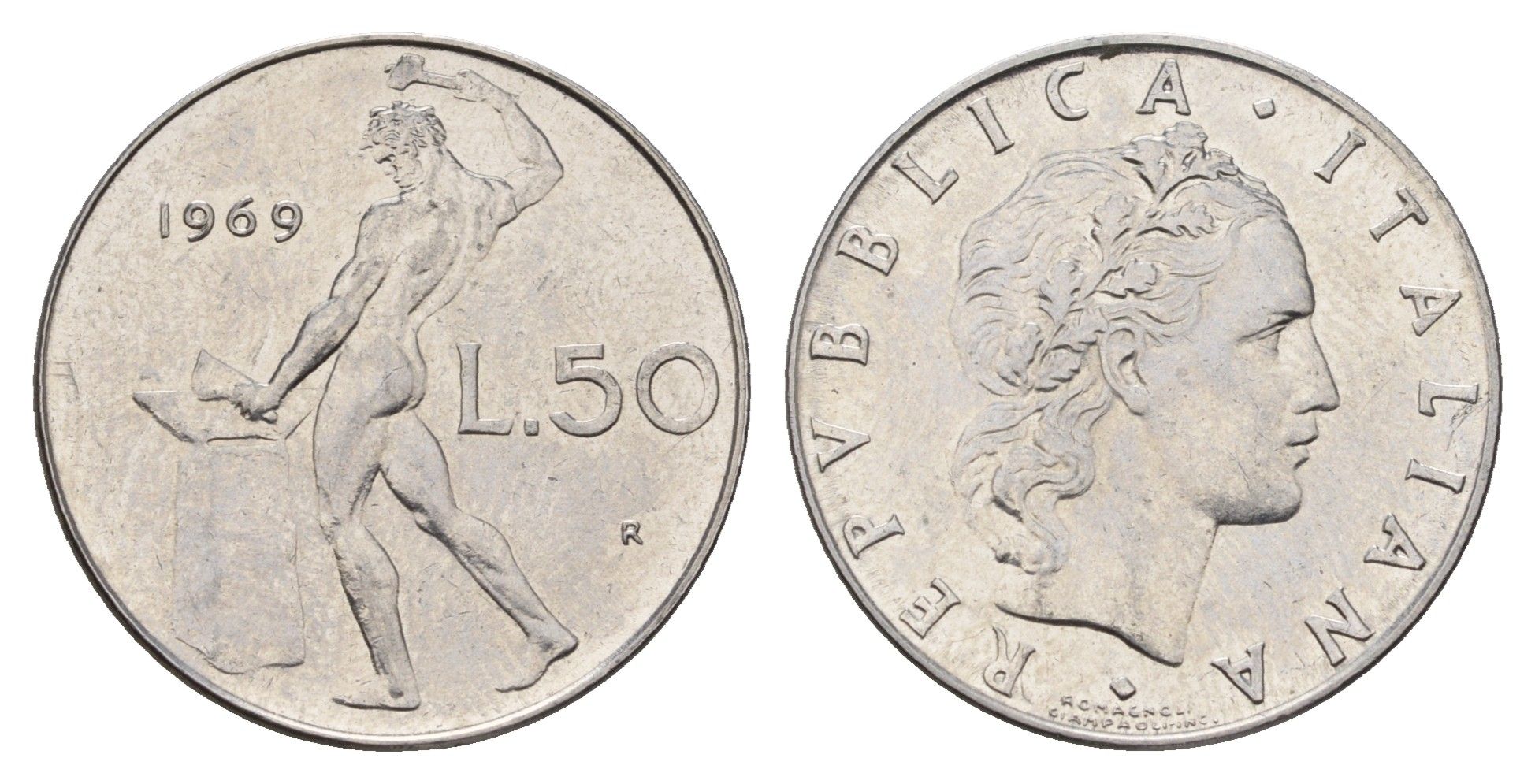 Италия 50 лир 1969 R, бог огня Вулкан у наковальни KM 95.1 нержавеющая сталь UNC 3336-753