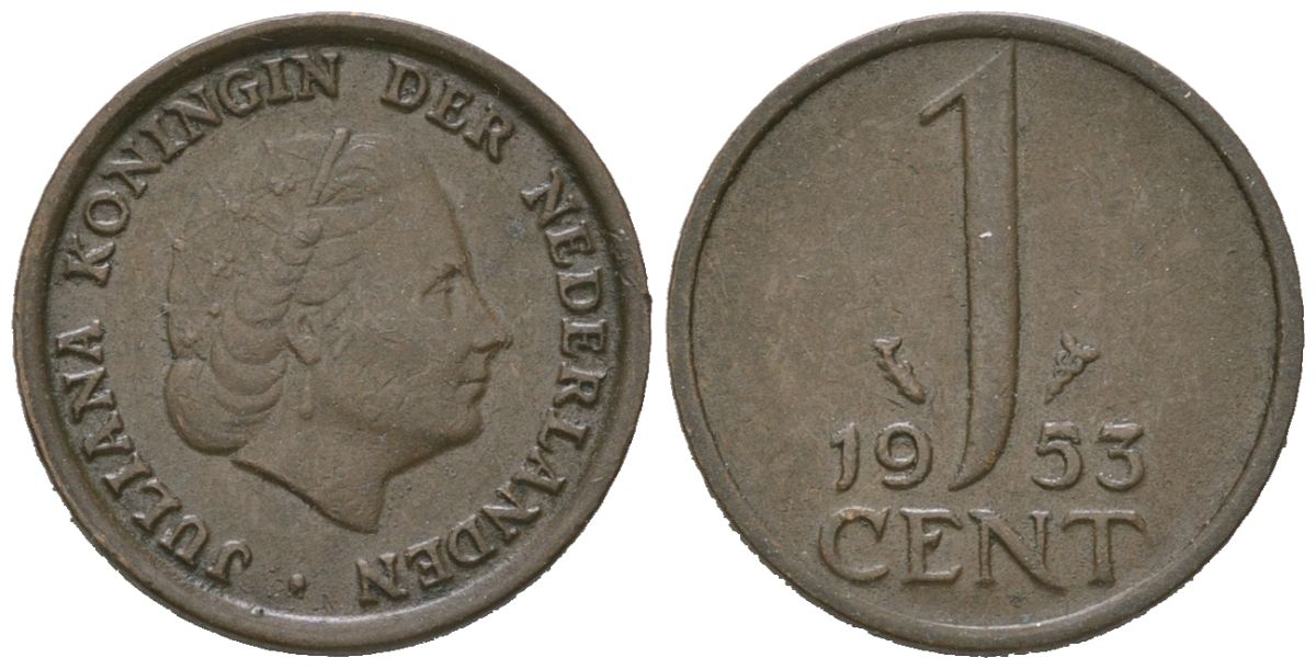 Нидерланды 1 цент 1953 Юлиана (1948-1980) KM 180 бронза 4621-446