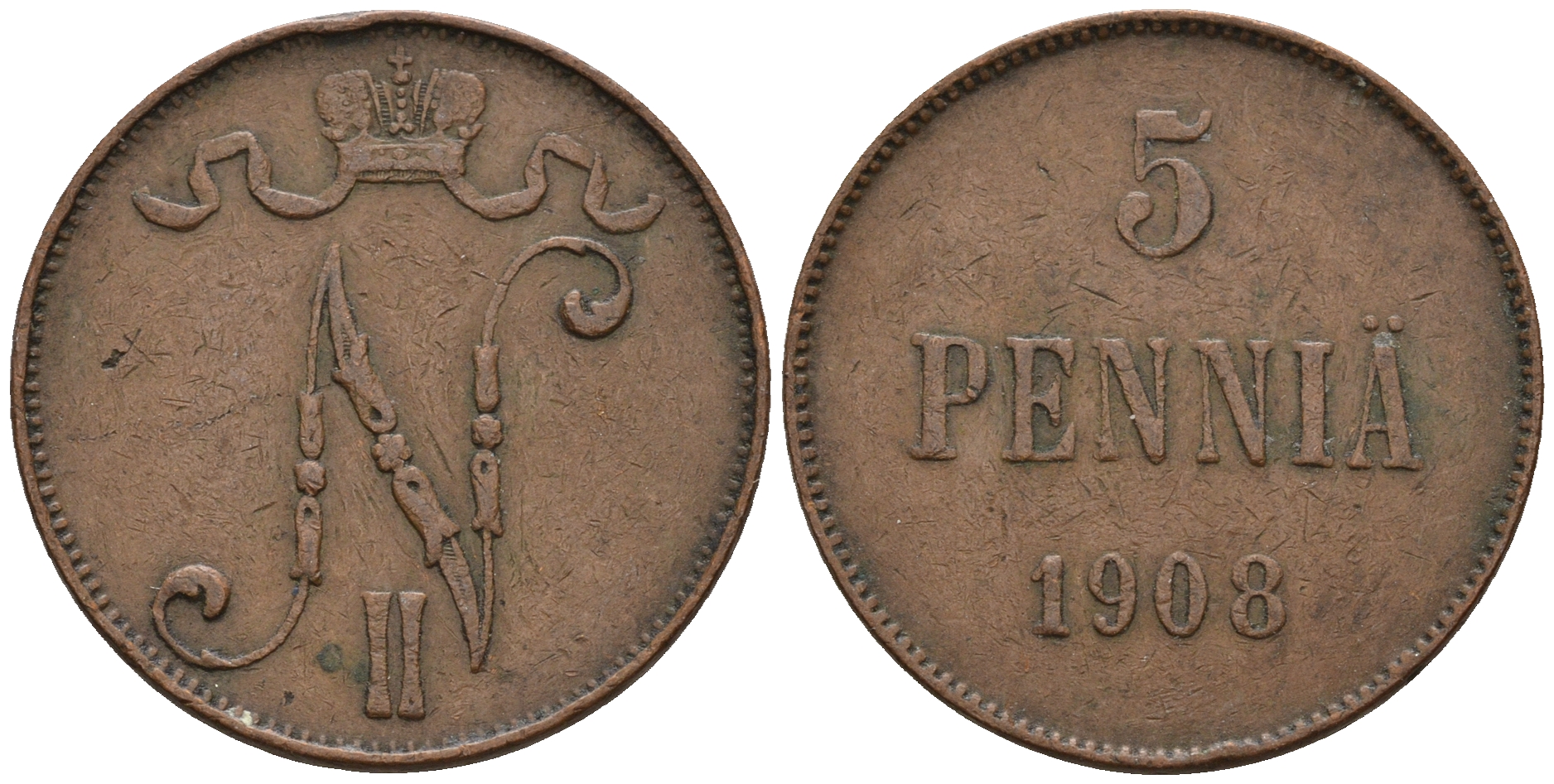 Россия для Финляндии 5 пенни 1908 Николай II (1894-1917) KM 15, Биткин 449 медь 259-1151