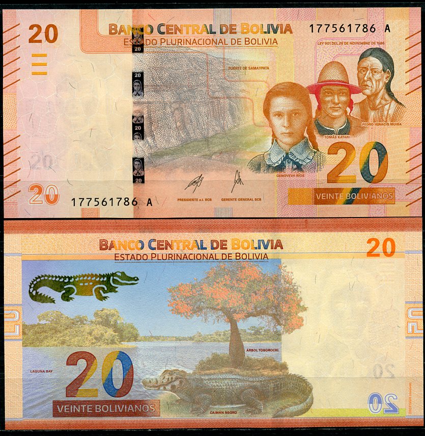 Боливия 20 боливиано 1986 (2018-2019) крокодил Pick 249 (2)  бумага  UNC (пресс) 447-38-2